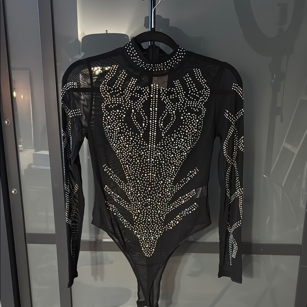 SOLD Black Sheer Bodysuit with Rhinestone Design